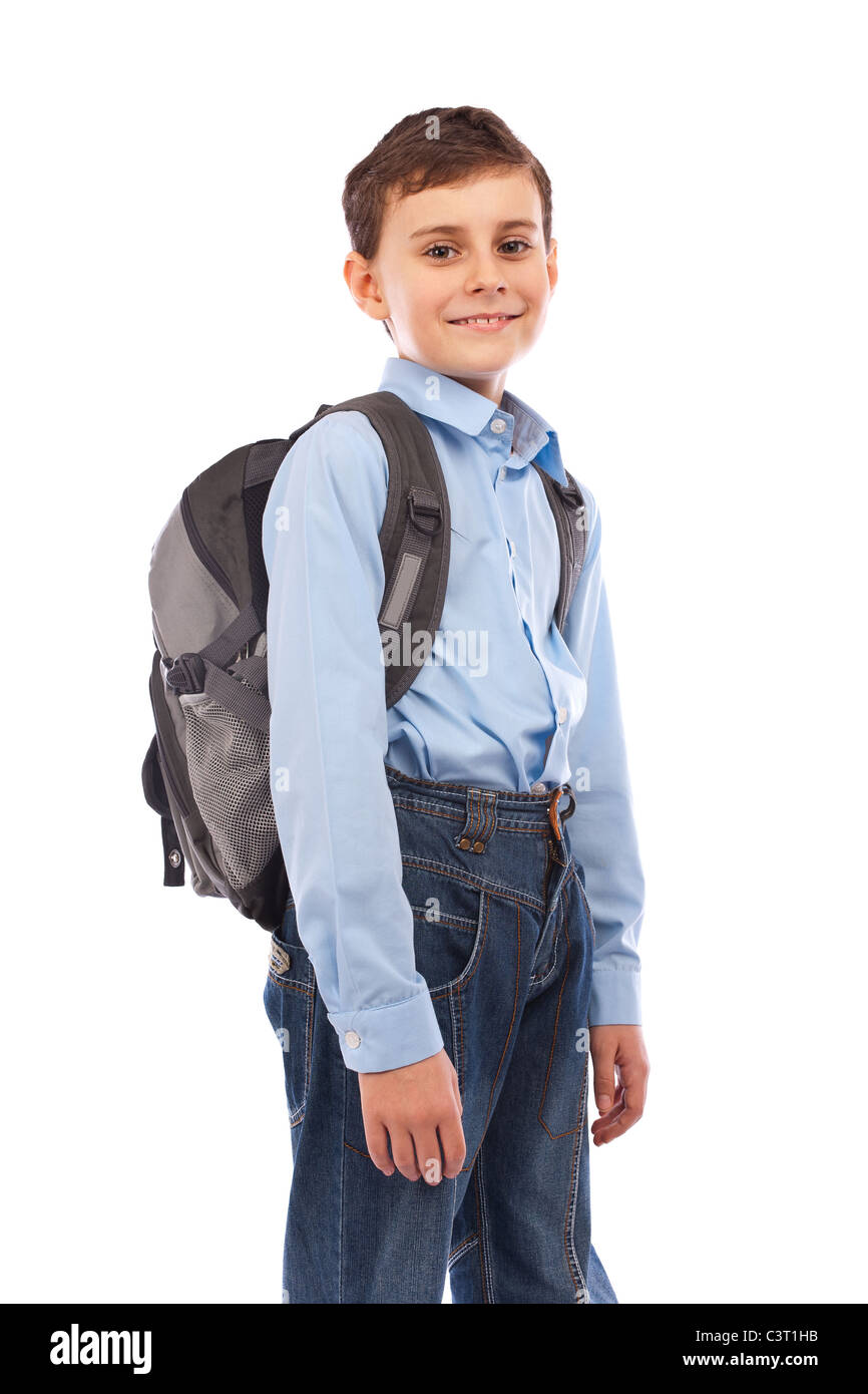 Portrait of a cute schoolboy with backpack, isolated on white ...