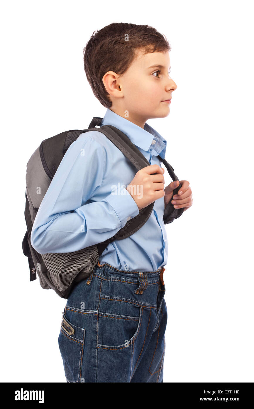 Portrait of a cute schoolboy with backpack, isolated on white ...