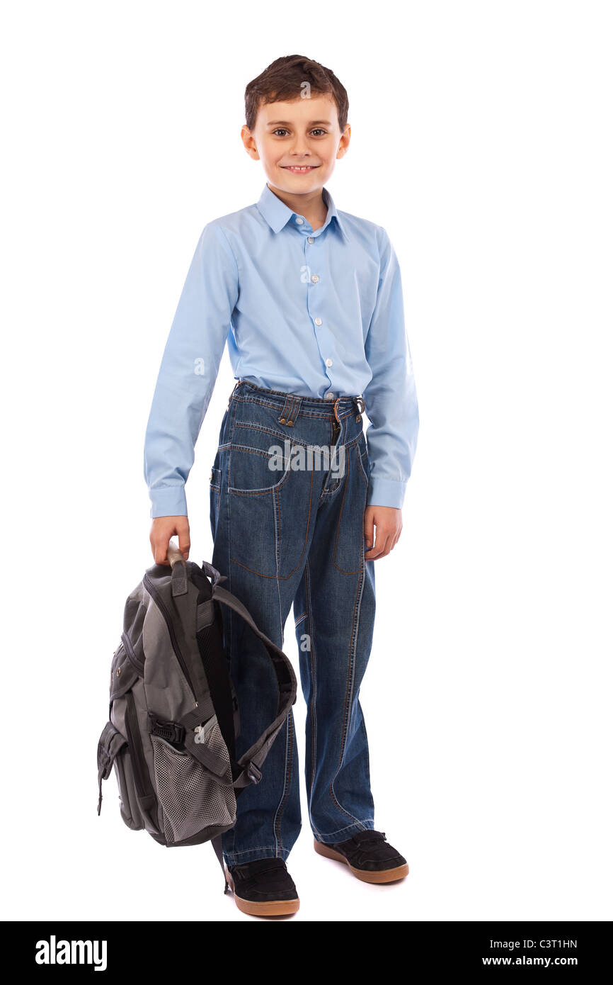 Portrait of a cute schoolboy with backpack, isolated on white ...