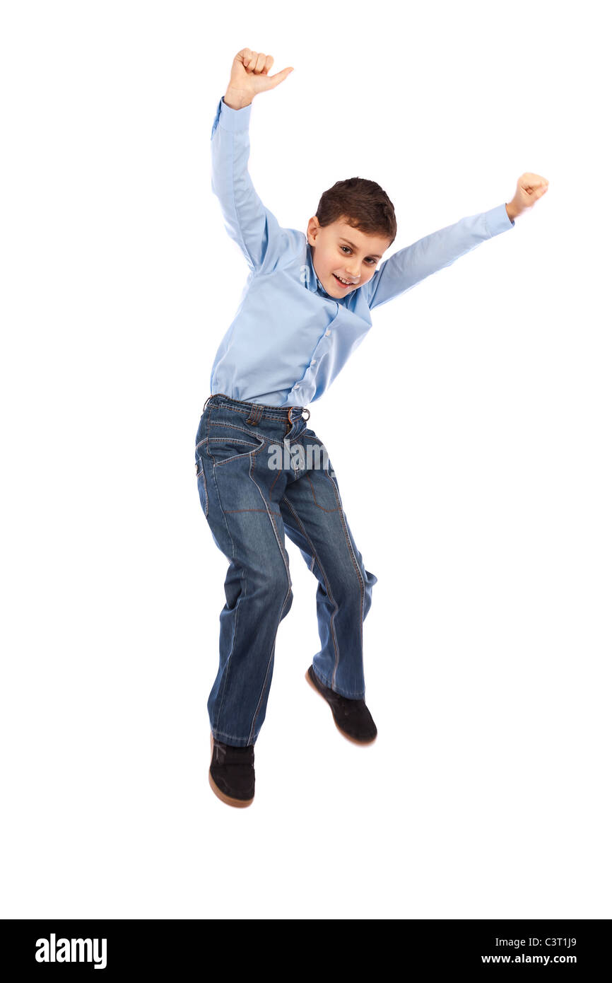 Happy kid jumping for joy, isolated on white background Stock Photo - Alamy
