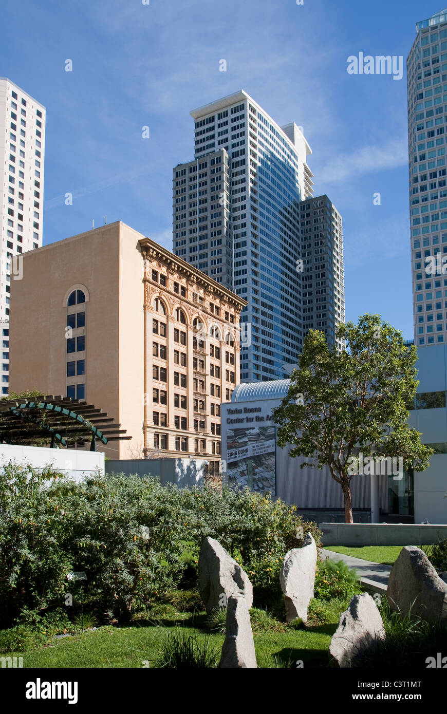 View from Yerba Buena Gardens looking North along Mission Street, San Francisco Stock Photo