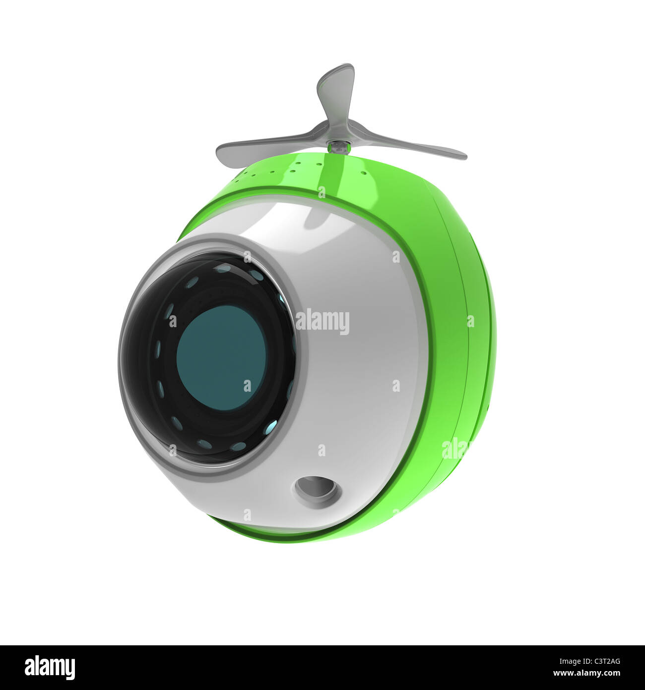 Cute little green aerial toy isolated on white. Stylized cartoon helicopter Stock Photo