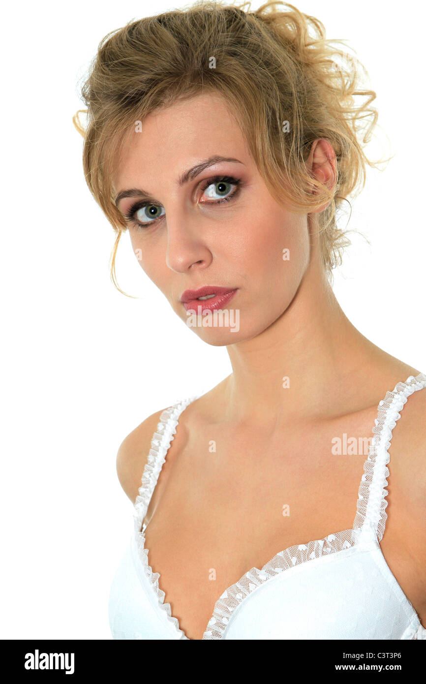 Sexy blonde woman in white bra Stock Photo