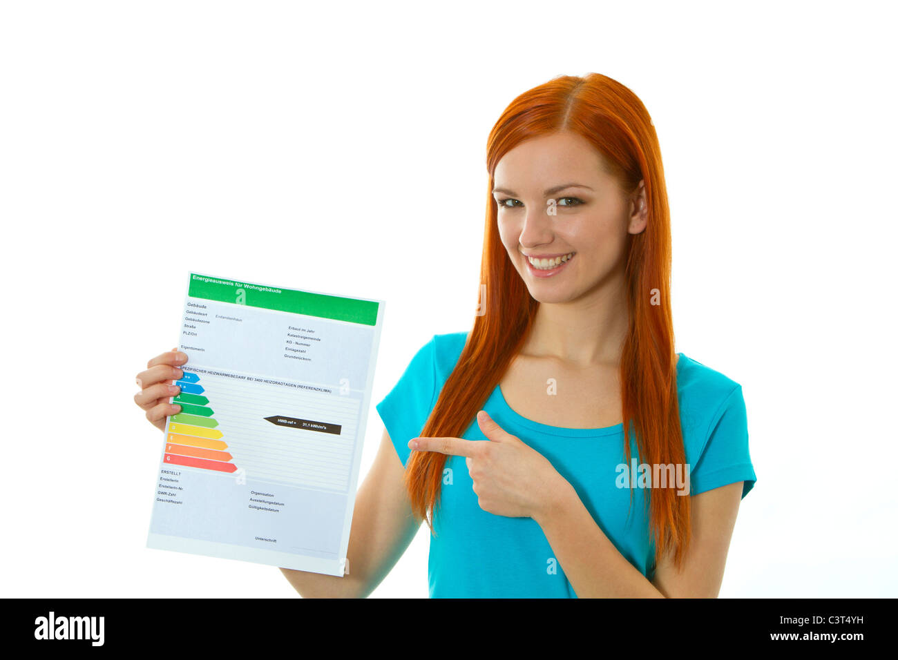 Young woman with an Energy Performance Certificate Stock Photo