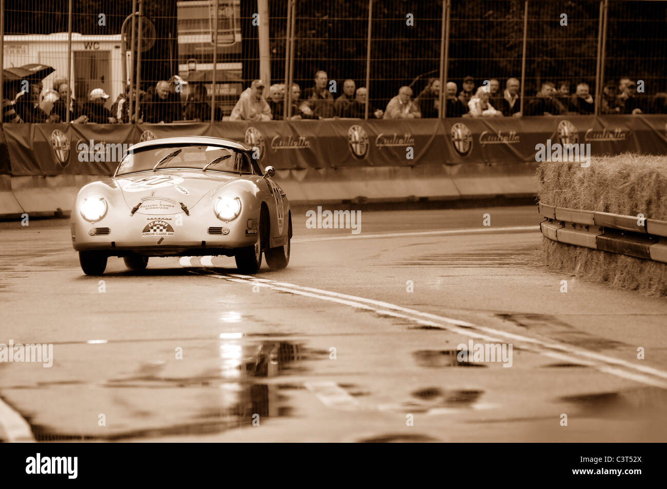Car race on the streets of Copenhagen Denmark during very wet weather