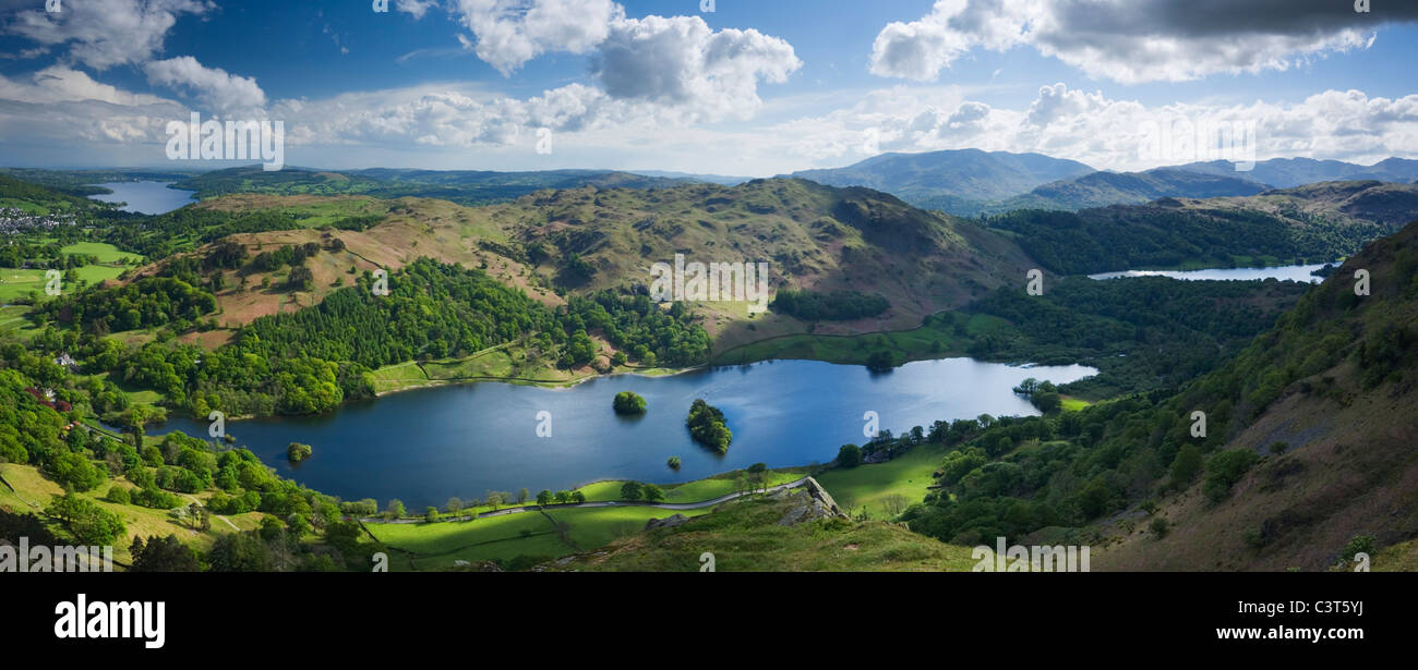 Rydal Water and Loughrigg Fell from Nab Scar with Windermere (left) and Grassmere (right). Lake District.  Cumbria. England. UK. Stock Photo