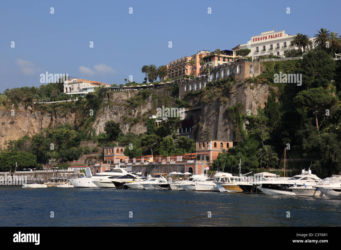 Sorrento harbour and cliffside hotels, Sorrento, Bay of Naples, Italy Stock Photo