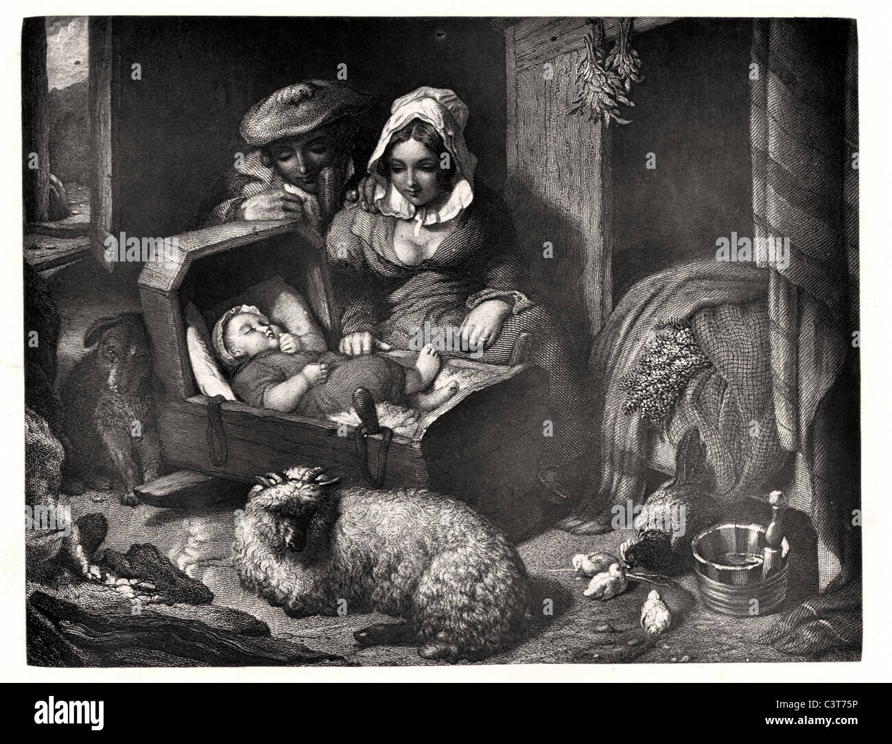 A Highland Shepherd's Home by Edwin Landseer. A man and wife look lovingly at their new baby Stock Photo