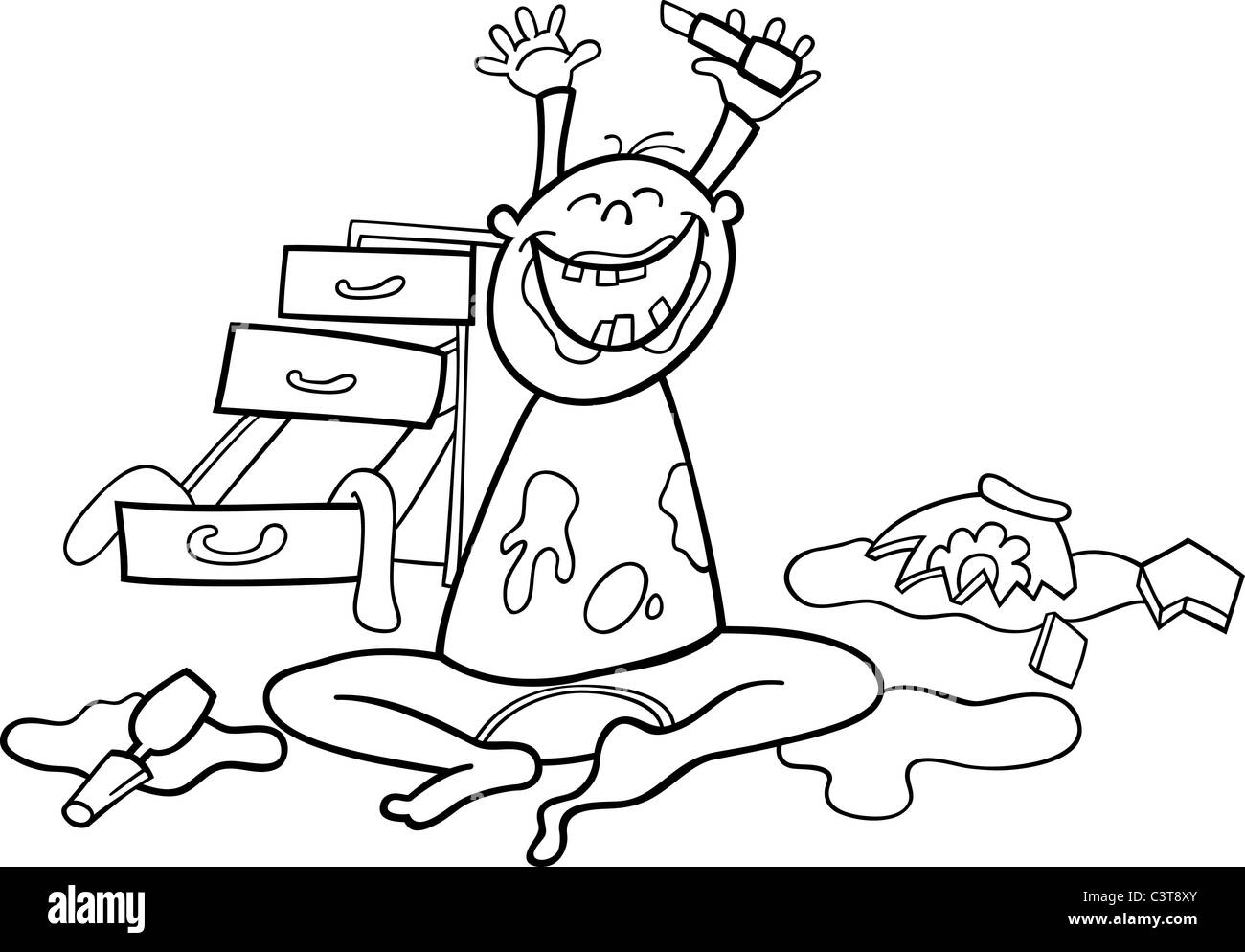 illustration of baby boy and mess for coloring book Stock Photo