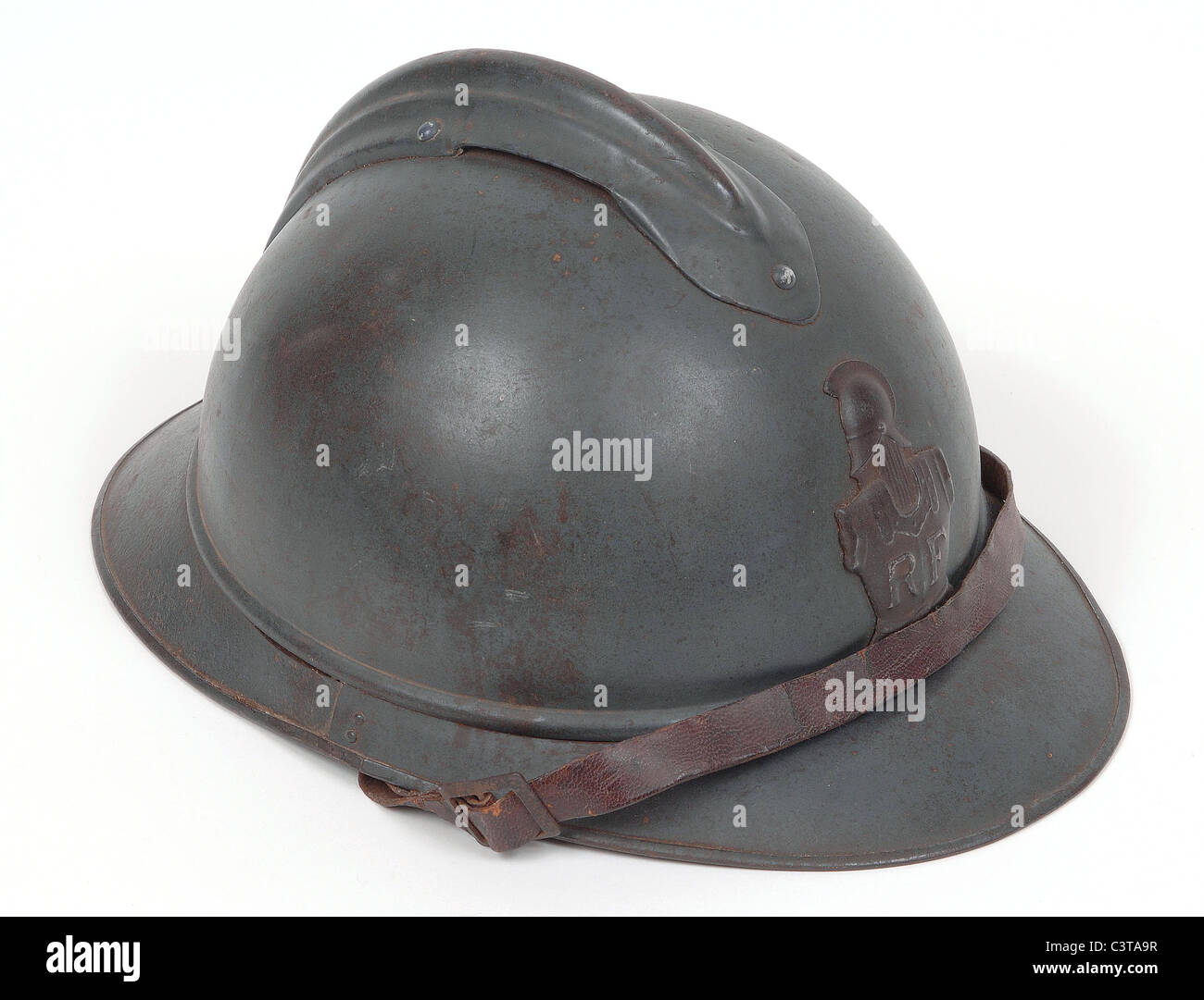 French Great War combat helmet.. Horizon blue great war helmet as used during WW1 by French troops. Stock Photo