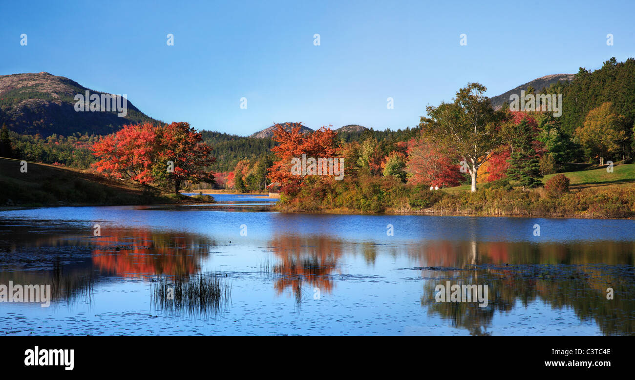 Little Long Pond Clothed In The Colors Of Autumn, Acadia National Park, Maine, USA Stock Photo