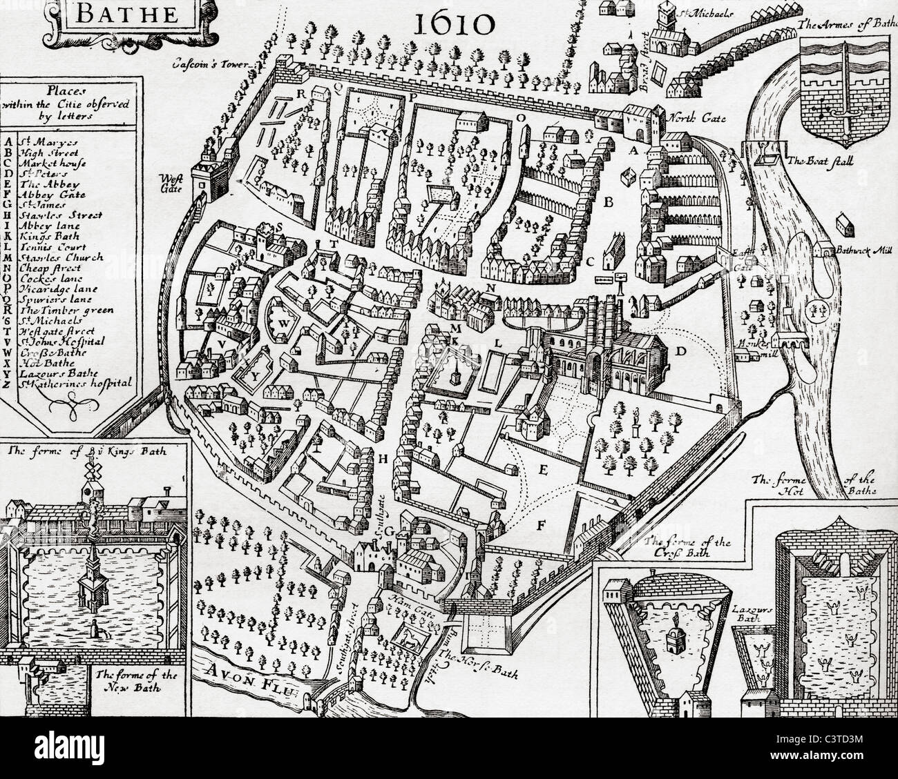 17th century map of Bath, Somerset, England. Stock Photo