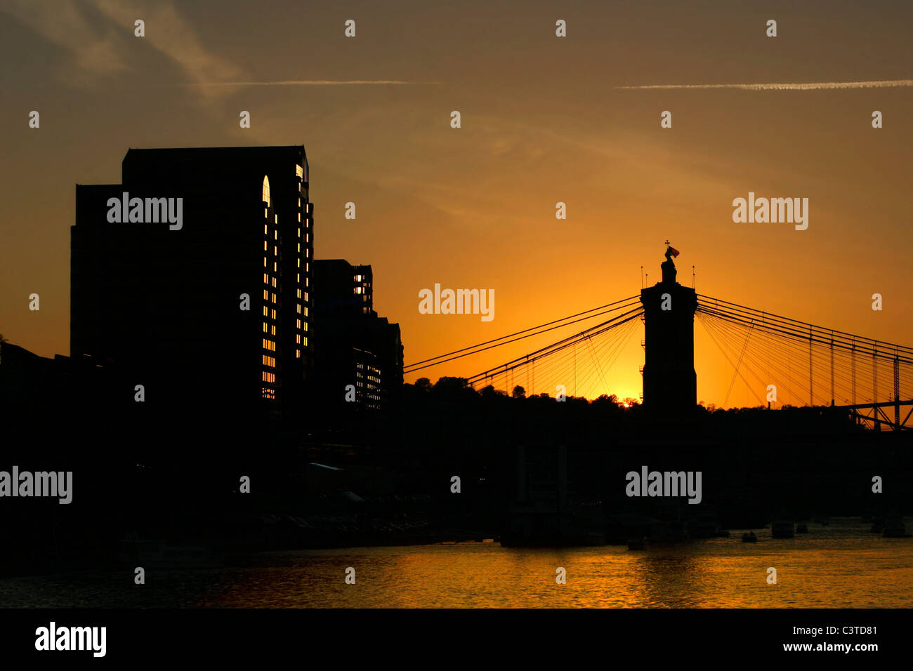 Covington Kentucky At Sundown, Across The Roebling From Cincinnati, The