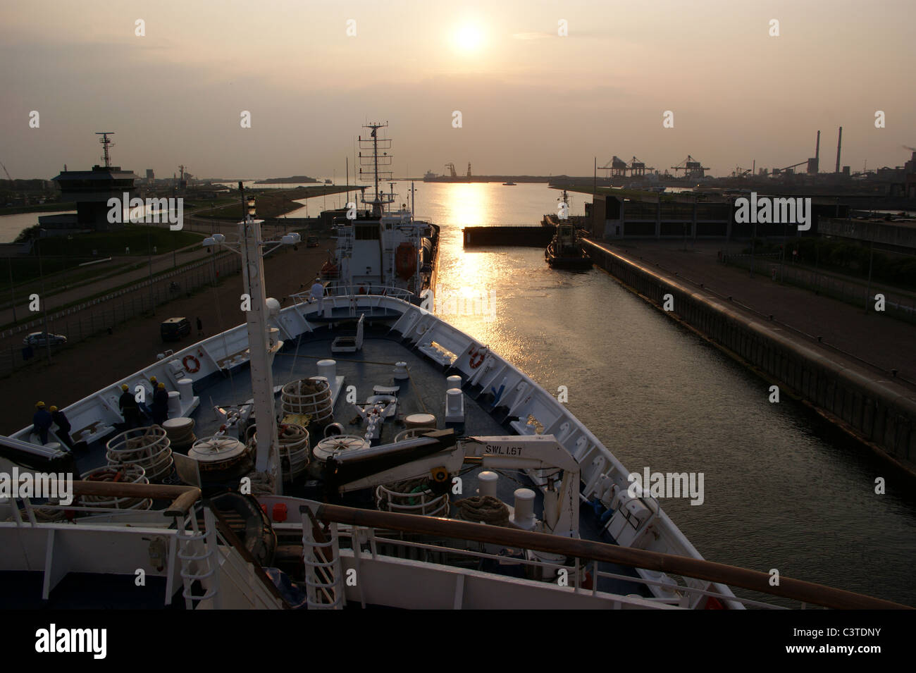 Ocean liner MV Marco Polo entering the sea lock , North Sea Ship Canal, Amsterdam to Ijmuiden, Netherlands. Archive image, scrapped 2021 Stock Photo