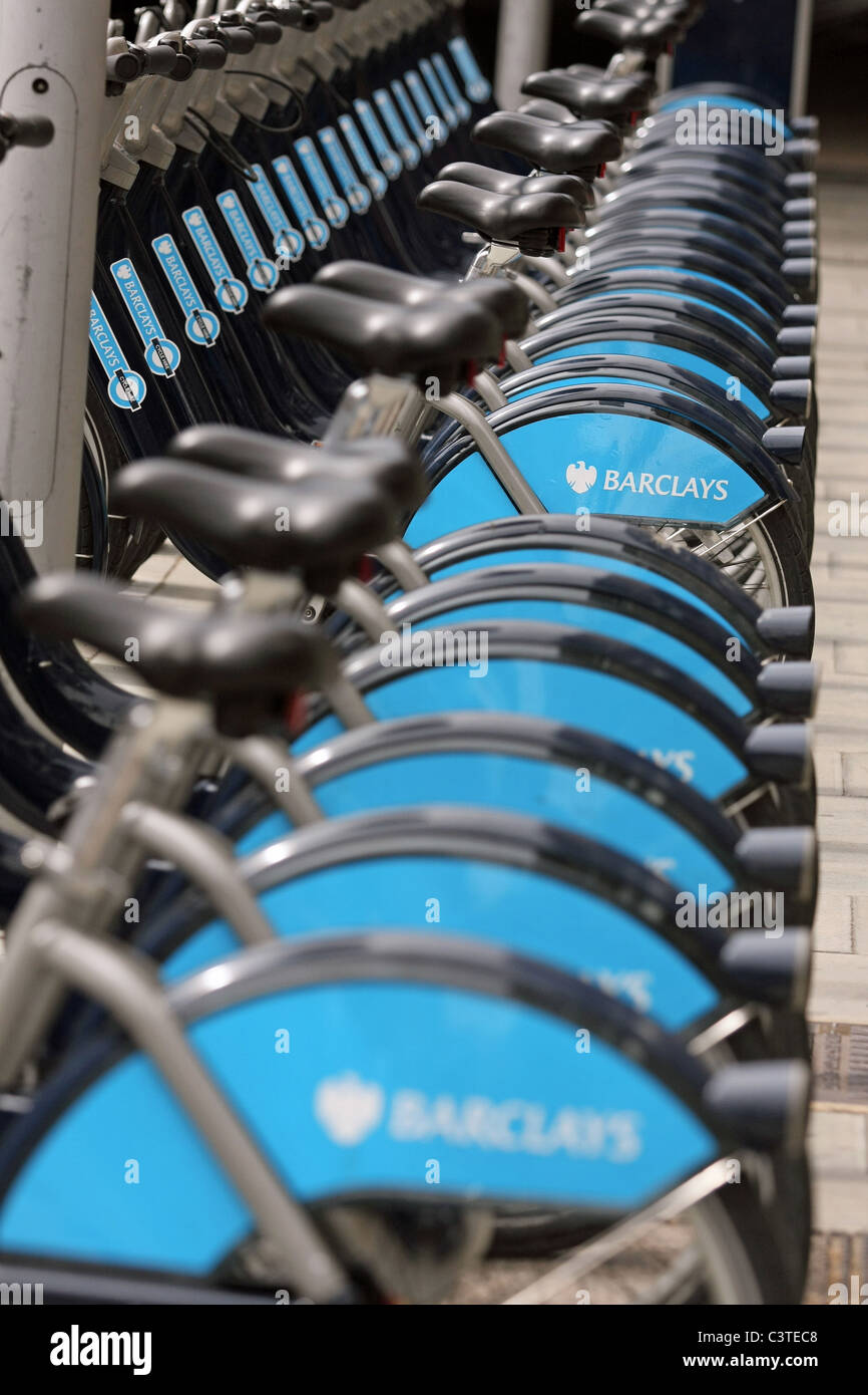 Parts of Boris Bikes in a docking station in London, England Stock