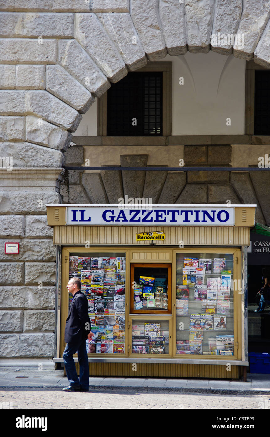 Newspaper Stand in the Via Mercato Vecchio of Udine, Italy Stock Photo