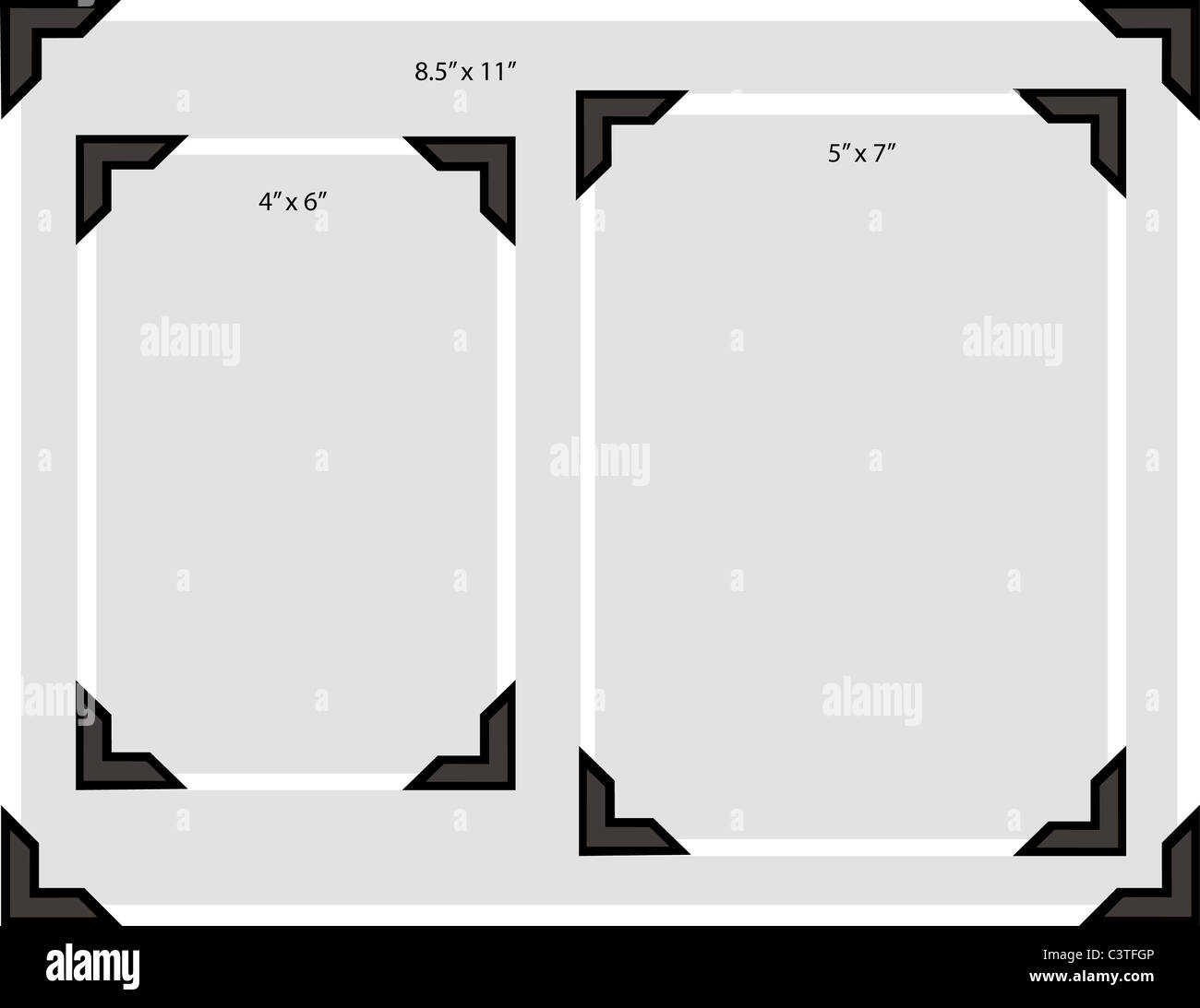 Illustration of a blank photo in three typical sizes with oldfashioned photo corners Stock