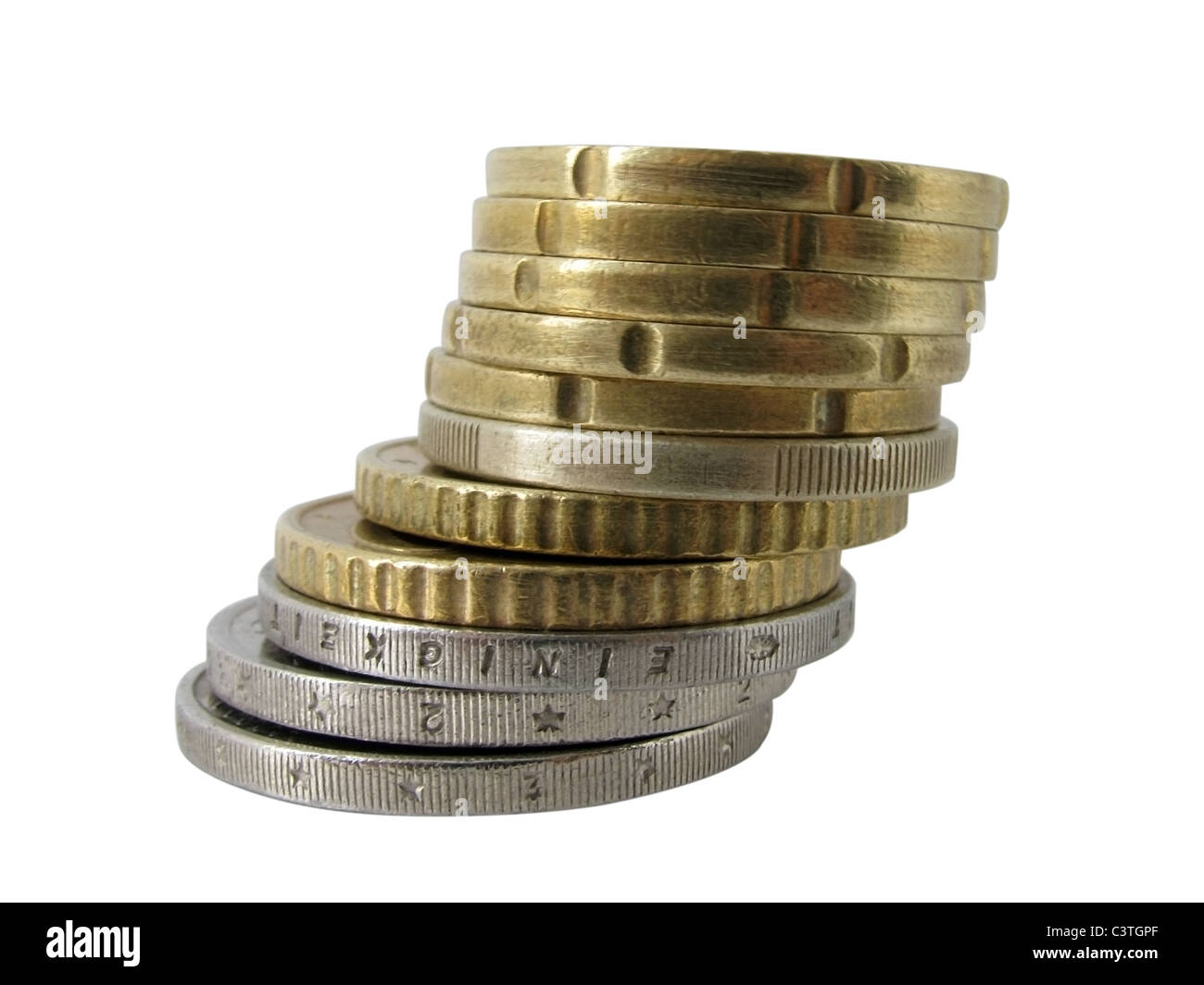 inclined pile of euro cent coins over white Stock Photo