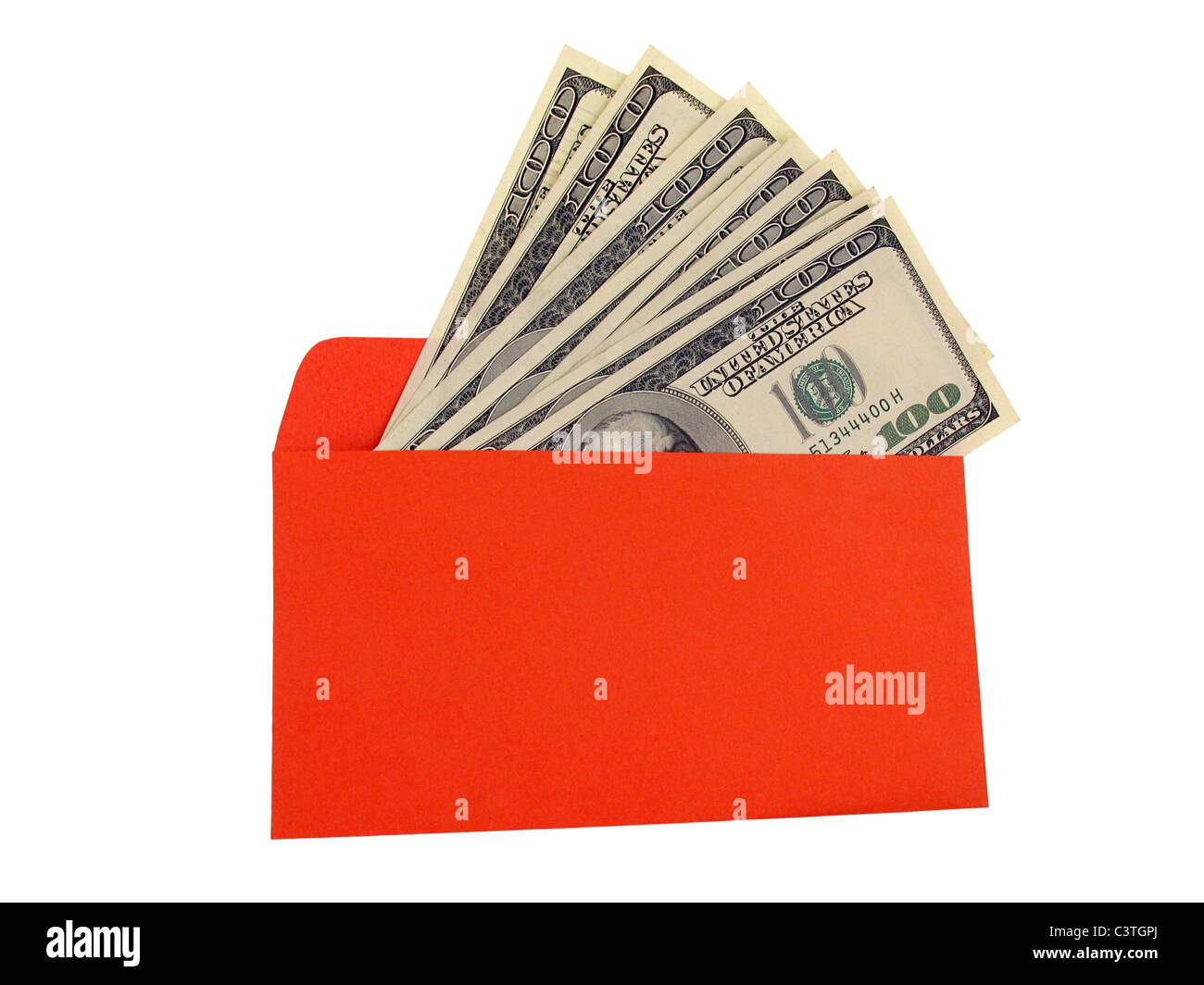 several one hundred dollars banknotes in a red envelope Stock Photo