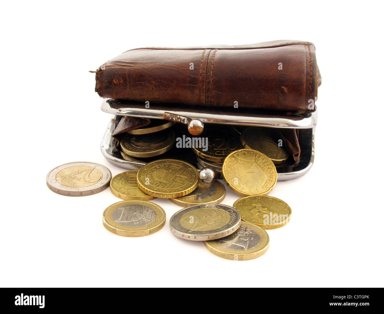 old purse with coins (euro) over white Stock Photo