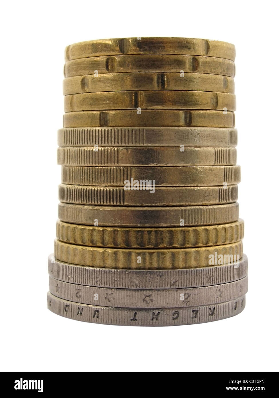 tower made of euro cent coins over white Stock Photo