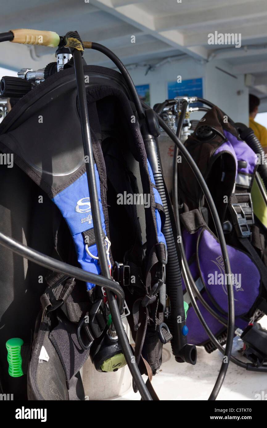 Scuba diving equipment on a dive boat, bcd and regulator Stock Photo