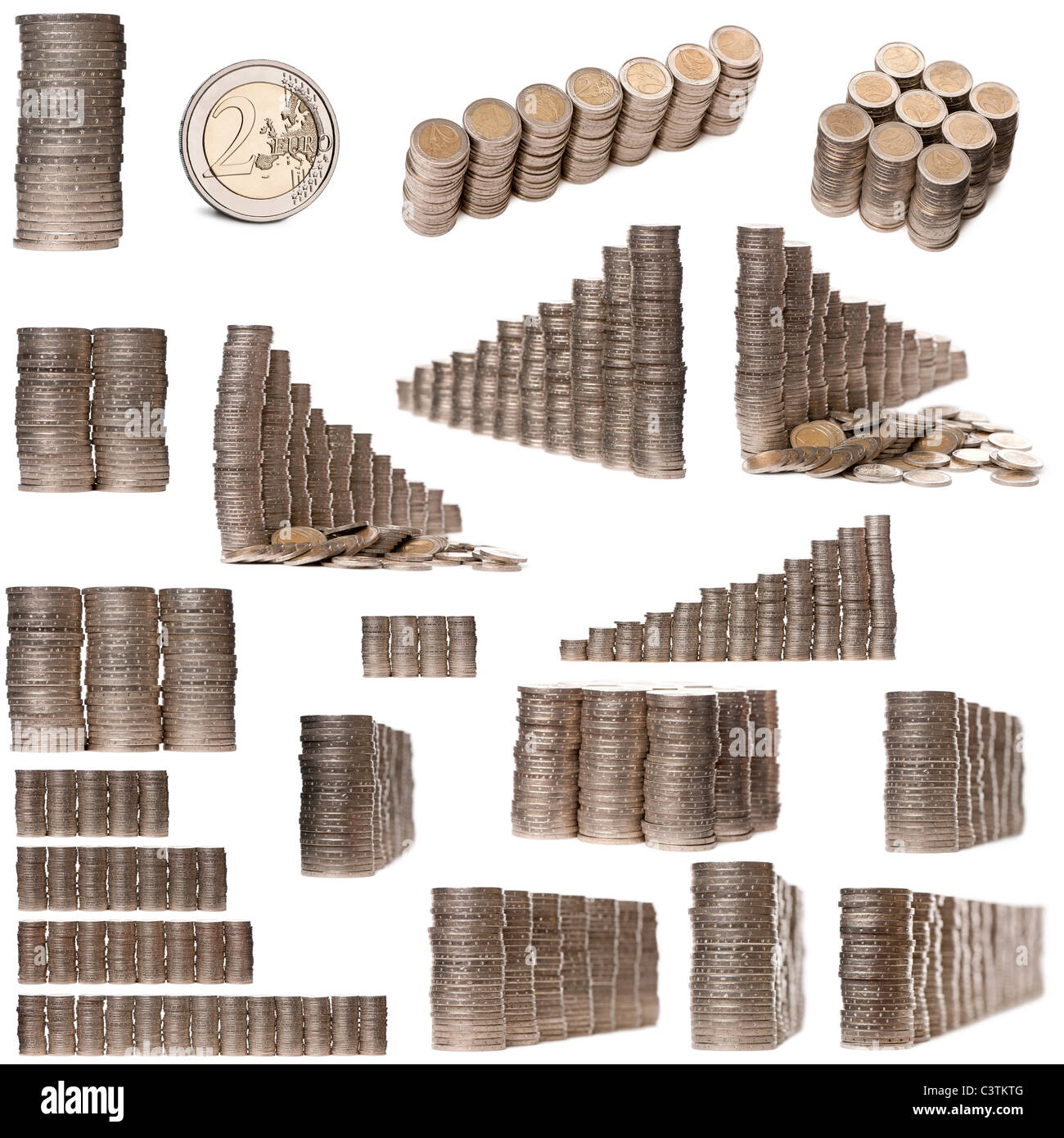 Stacks of 2 Euros in front of white background Stock Photo
