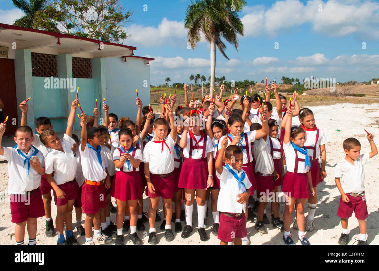 Students in elementary school outside of Havana Cuba with uniforms and