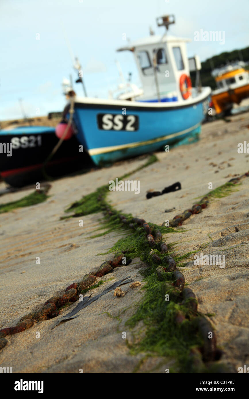 Sea weed clinging to a mooring chain, St Ives Harbour, Cornwall Stock Photo