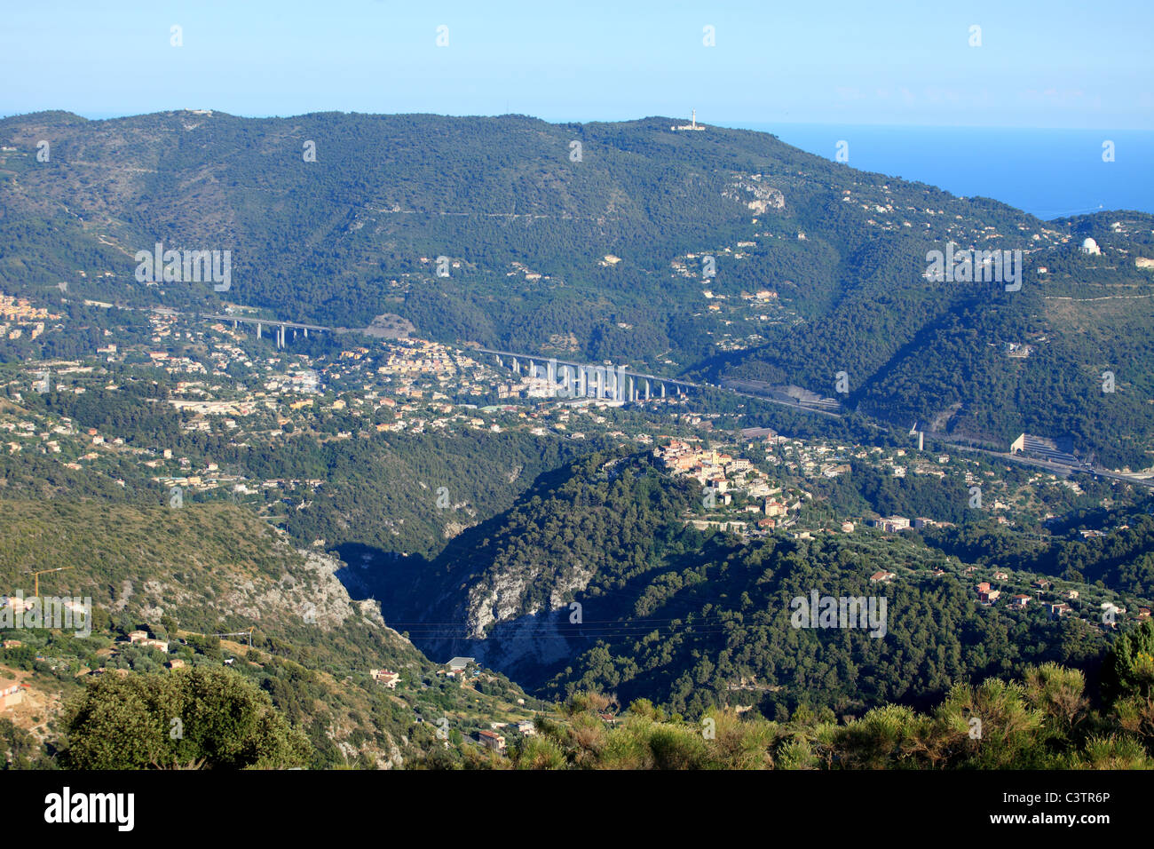 Overhead view above the perched village of Falicon near Nice city Stock Photo