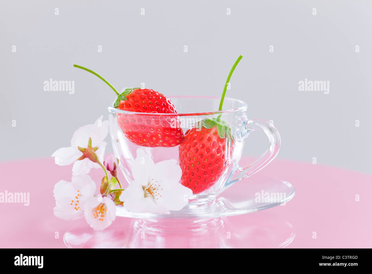 Strawberries and Cherry Blossoms in Glass Cup Stock Photo