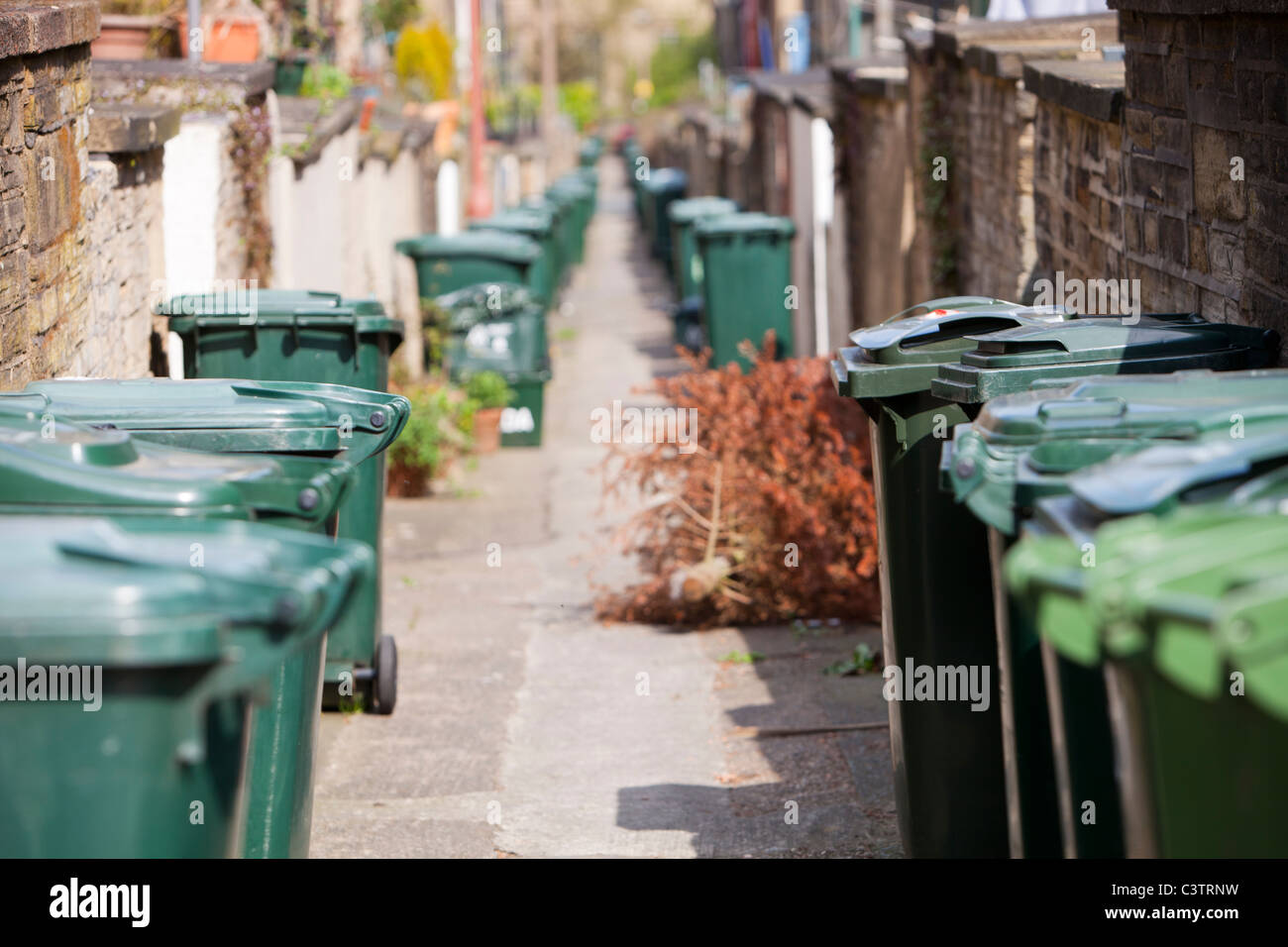 Rubbish bins on a back alley between terraced houses in Saltaire, Yorkshire, UK. Stock Photo