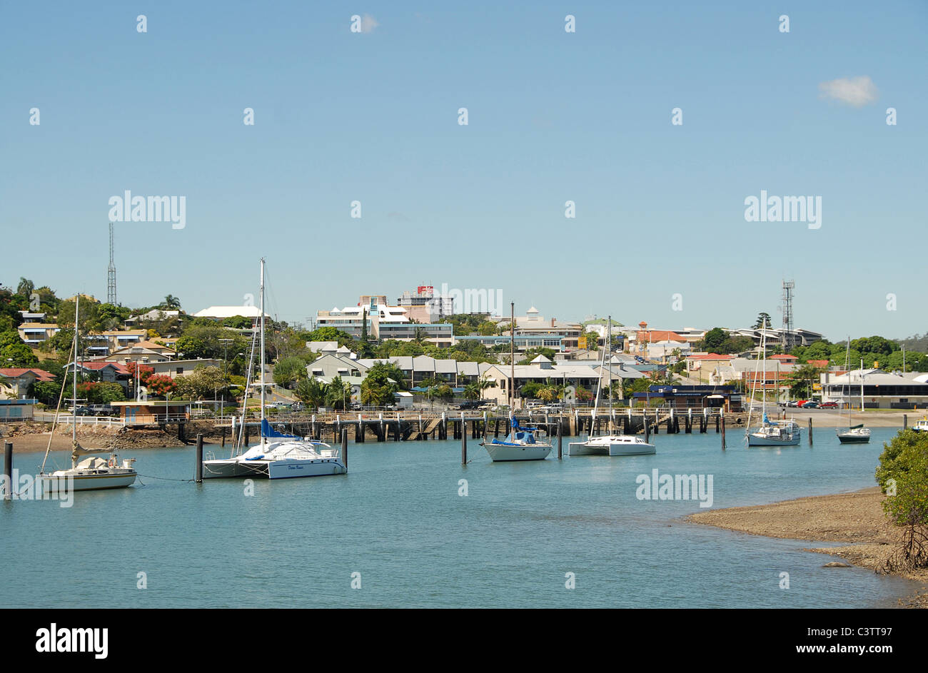 The port and city skyline of Gladstone, in Queensland, Australia, seen from Auckland Inlet Stock Photo