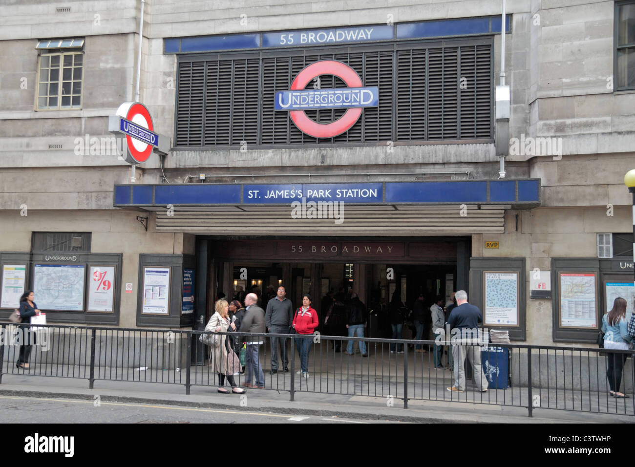 One entrance to St James Park underground station, Petty France, London, UK.  The HQ of London Transport is above this station. Stock Photo
