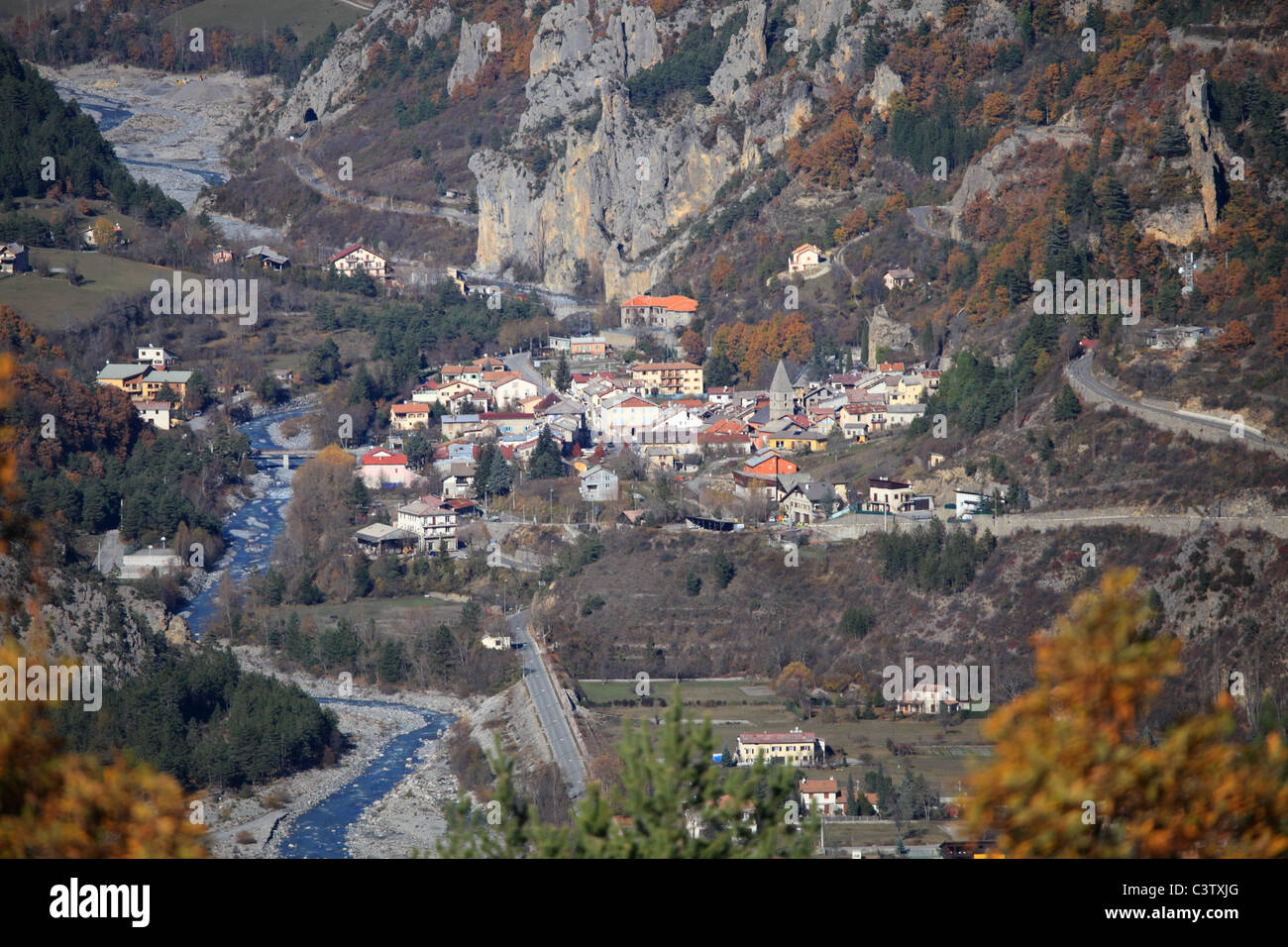 Top view above the village of Guillaumes in the Alpes-Maritimes Stock Photo