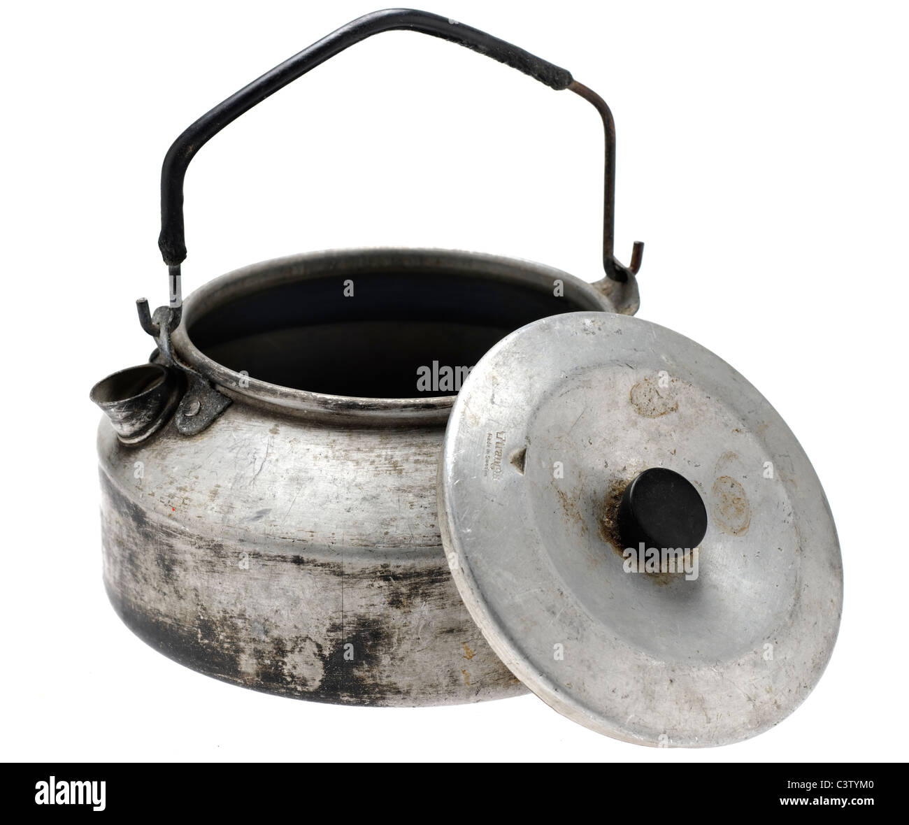 Old used metal camping kettle with plastic coated handle Stock Photo - Alamy