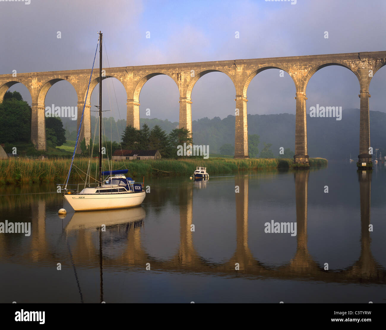 Calstock Viaduct & River Tamar in Cornwall on a misty late Summer morning Stock Photo