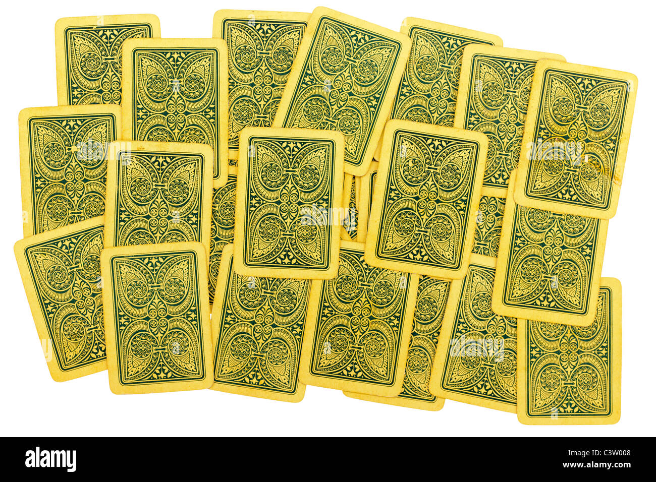 Age discoloration on the rear side of 100 year old playing cards Stock Photo