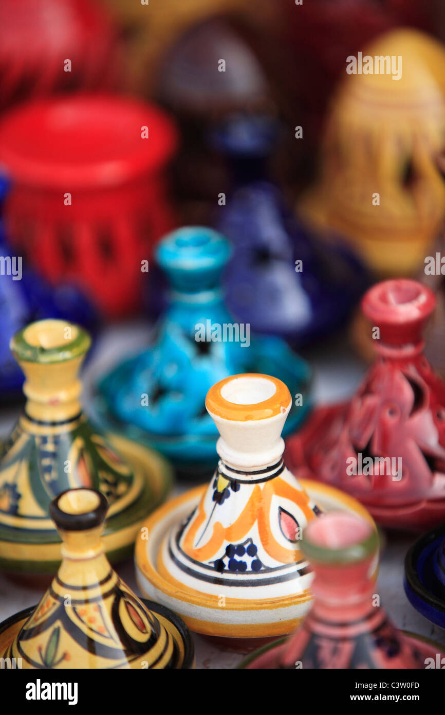 Colorful goods typical of traditional markets throughout the country of Morocco from Marrakesh to Fez to Ait Benhaddou Stock Photo