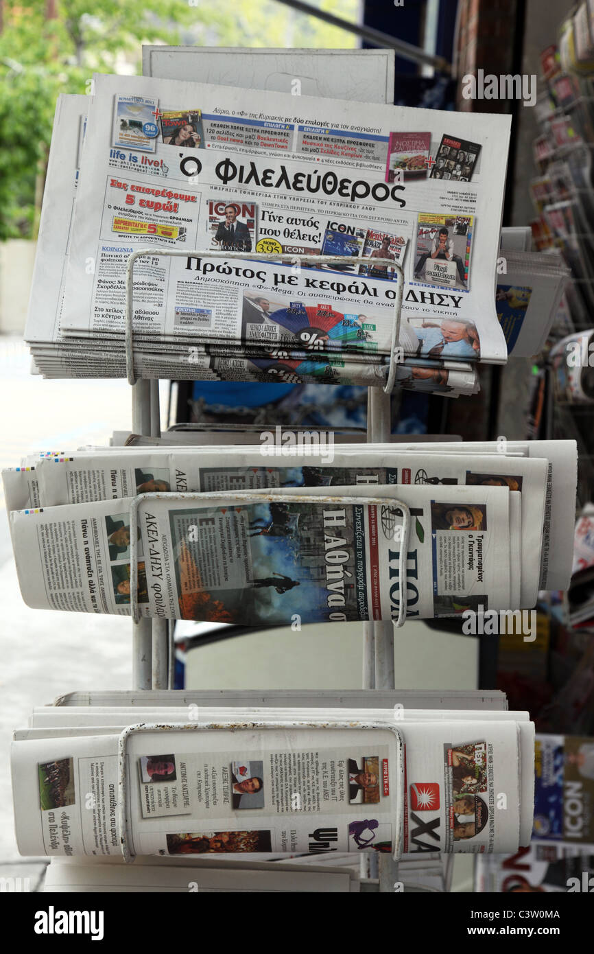 Cypriot newspapers, news-stand, Troodos Mountains, Cyprus Stock Photo