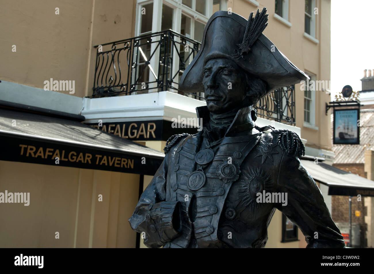 Trafalgar public house with statue of admiral nelson at Greenwich