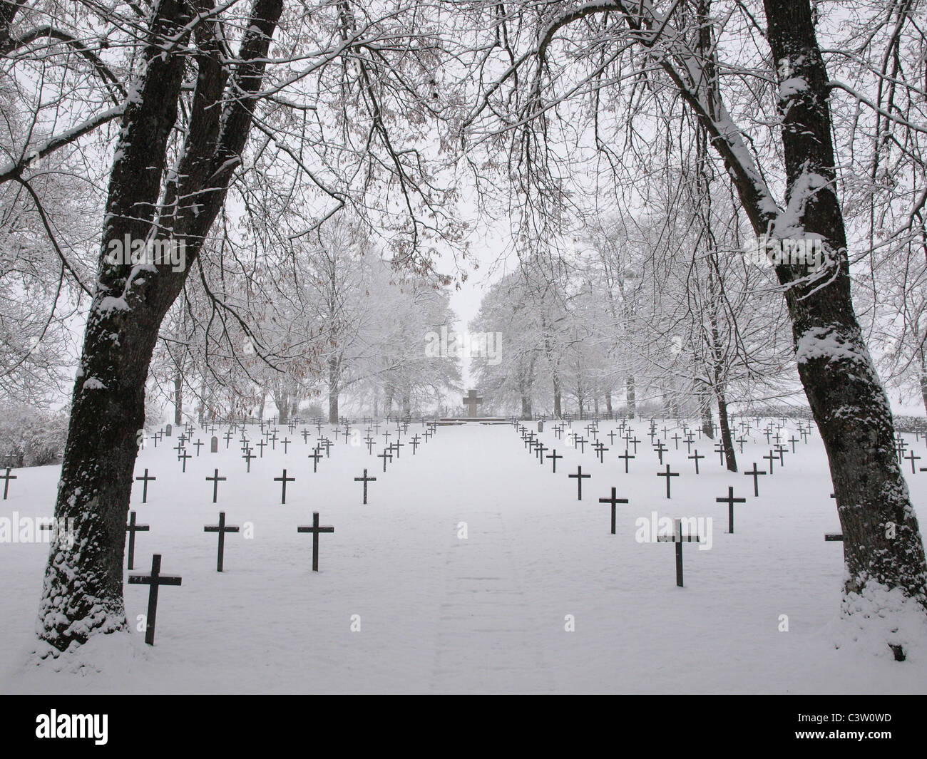 A snow covered world war one cemetery in Verdun, France Stock Photo