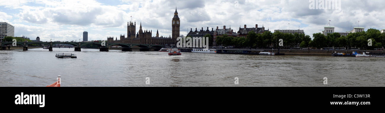 Panoramic view of the London Embankment Westminster including Westminster Bridge, Big Ben, Houses of Parliament, River Thames Stock Photo