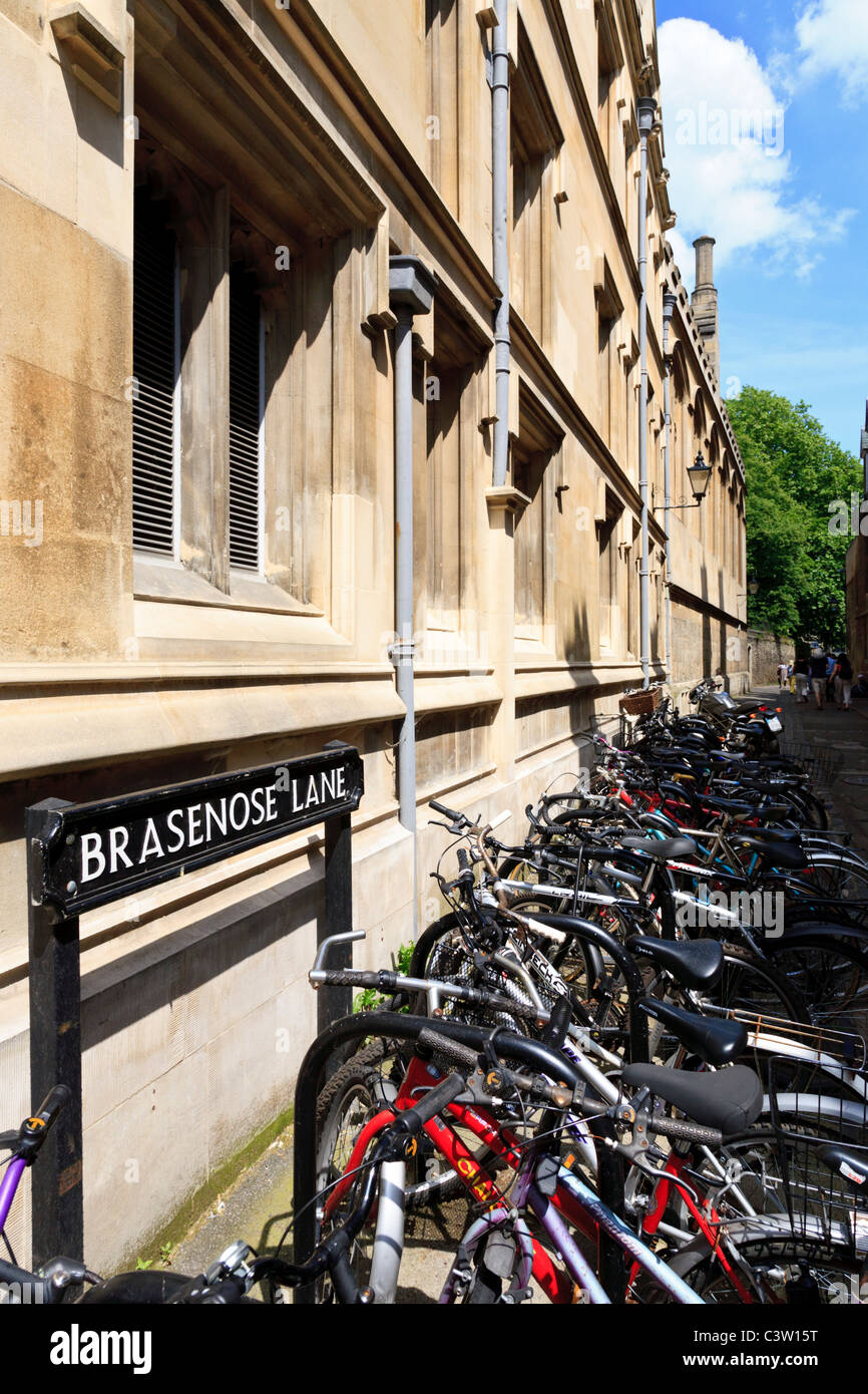 Bicycles in Brasenose Lane in Oxford, England Stock Photo