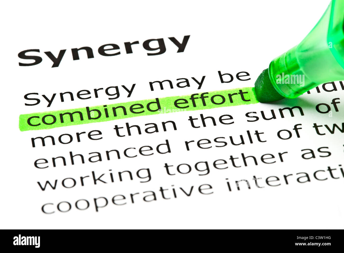 'Combined effort' highlighted in green, under the heading 'Synergy' Stock Photo