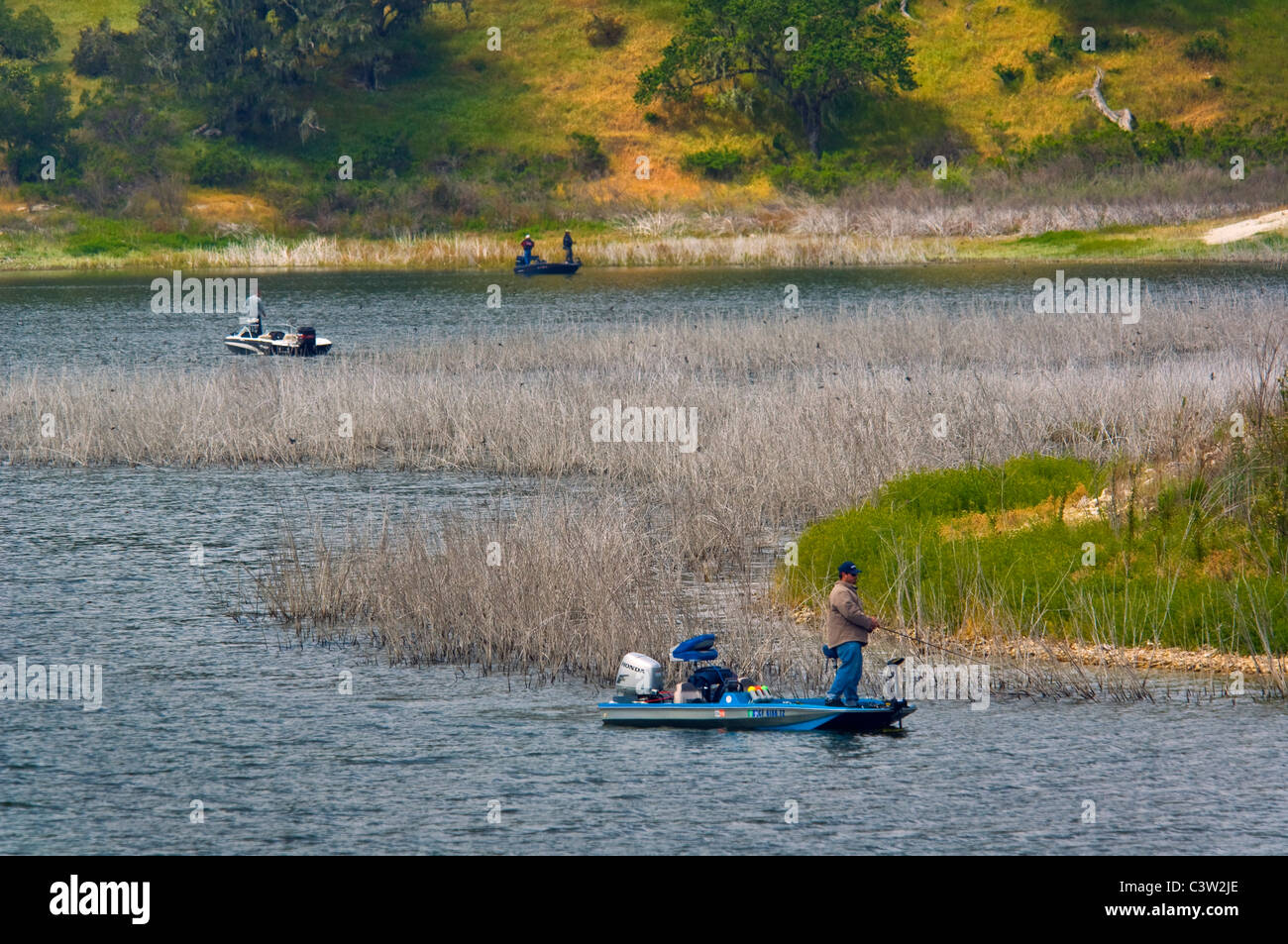 Fishermen in boats at Lopez Lake Recreation Area, near Arroyo Grande, San Luis Obispo County, California Stock Photo