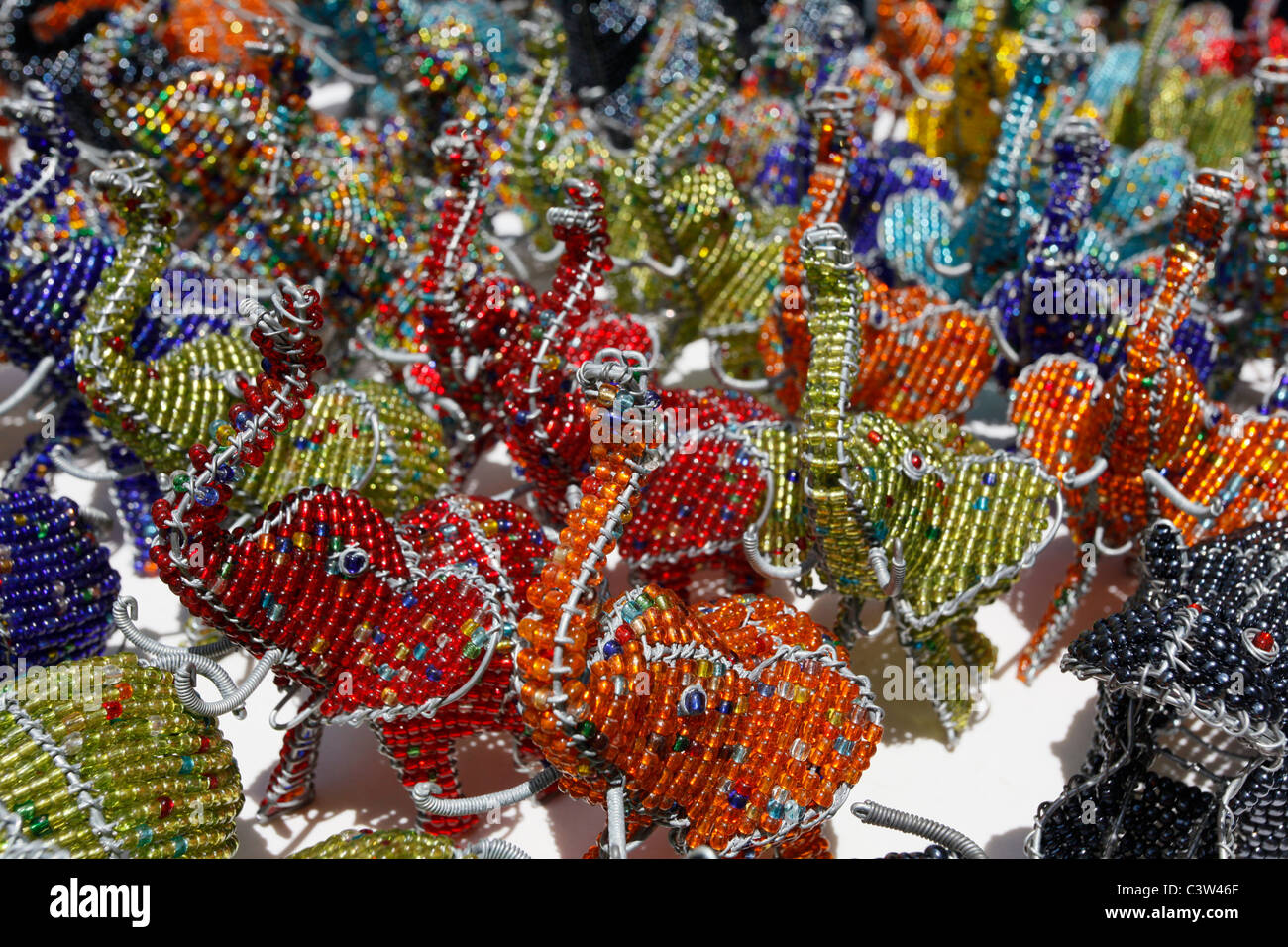 Hand made wire crafts and African animals for sale at the Rosebank market Johannesburg. South Africa. Stock Photo