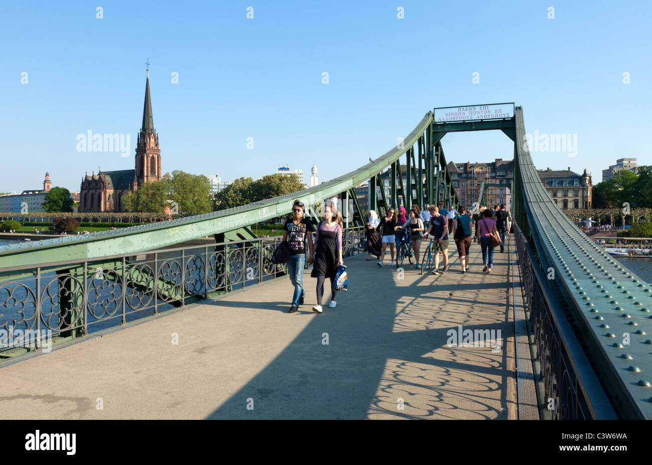 The Eiserner Steg in Frankfurt, a popular pedestrian bridge over the river Main. Stock Photo