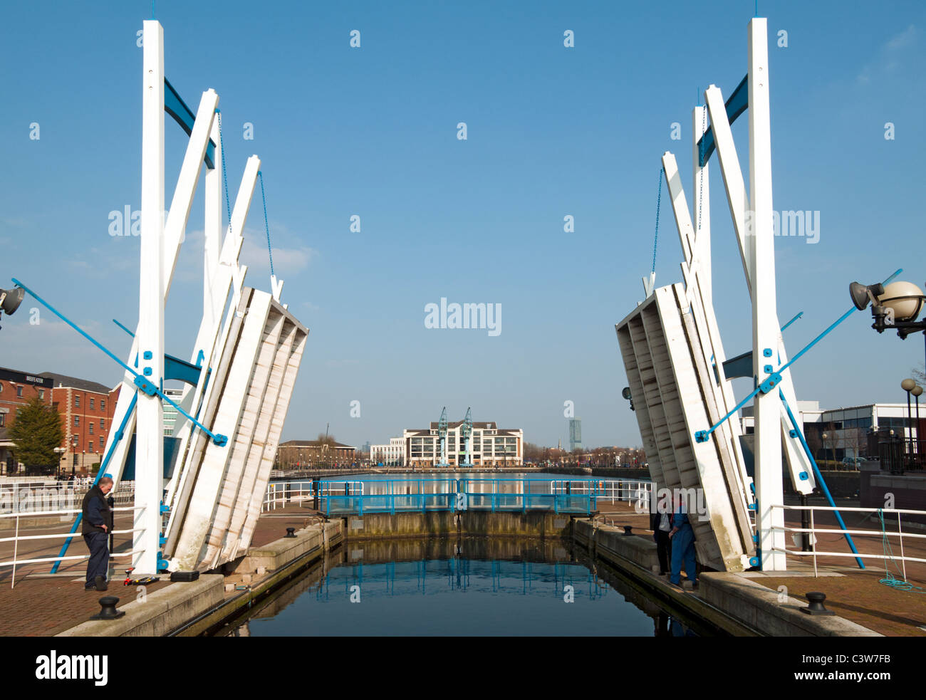 Double leaf bascule bridge at Welland Lock, Salford Quays, Manchester, England, UK.  Opened for maintenance. Stock Photo