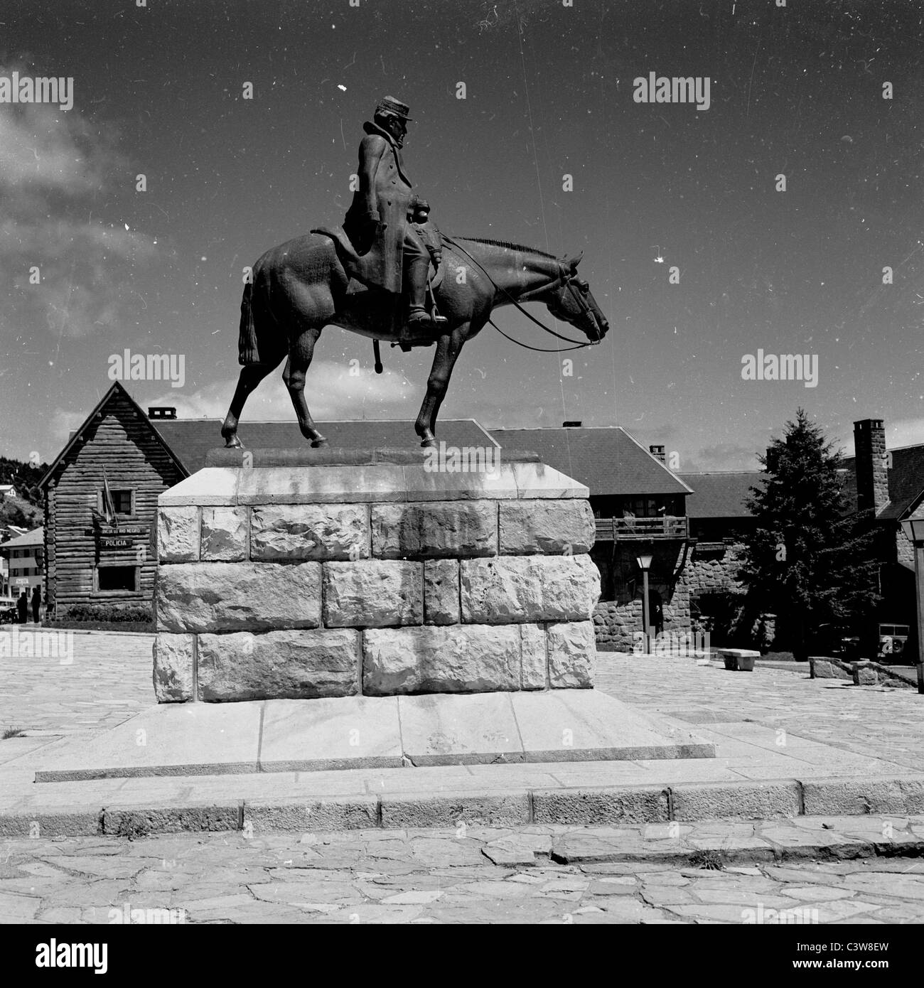 Argentina 1950s. Statue of a soldier (officer) on a horse near the town hall in Bariloche. Stock Photo